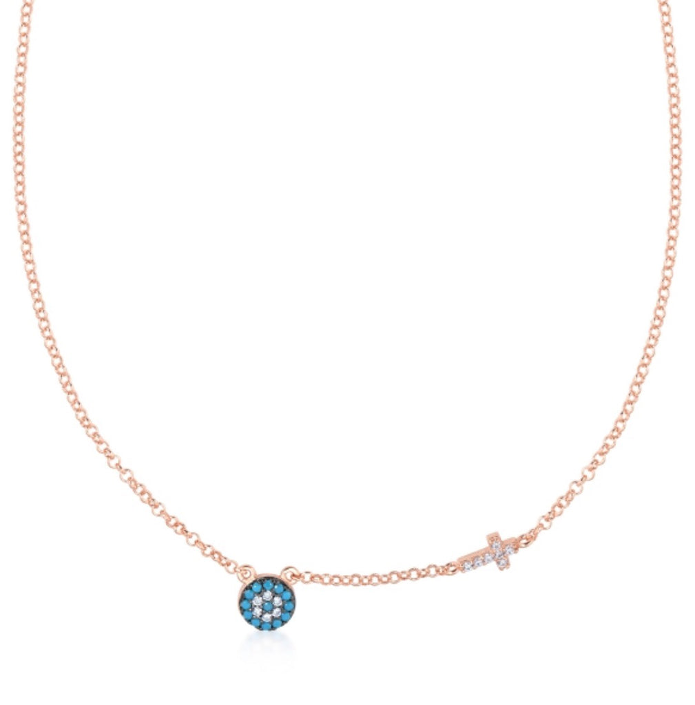 Small Eye & Cross Nano Necklace in Rose Gold
