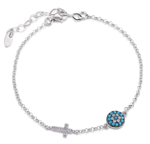 Small Eye and Cross Bracelet in Turquoise Nano and Sterling Silver