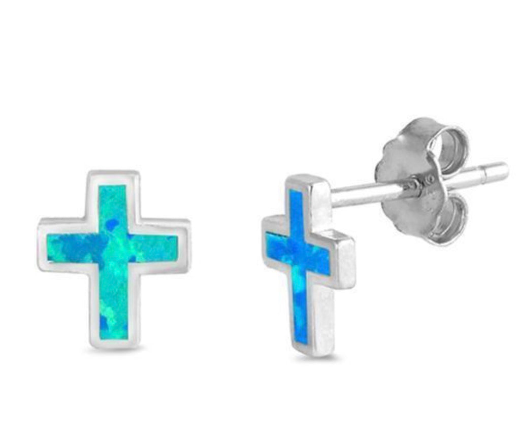 Opalite Cross Earrings in Sterling Silver
