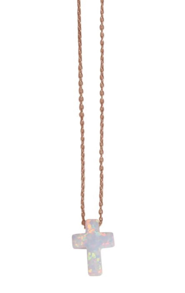 White Opalite Cross Necklace in Rose Gold