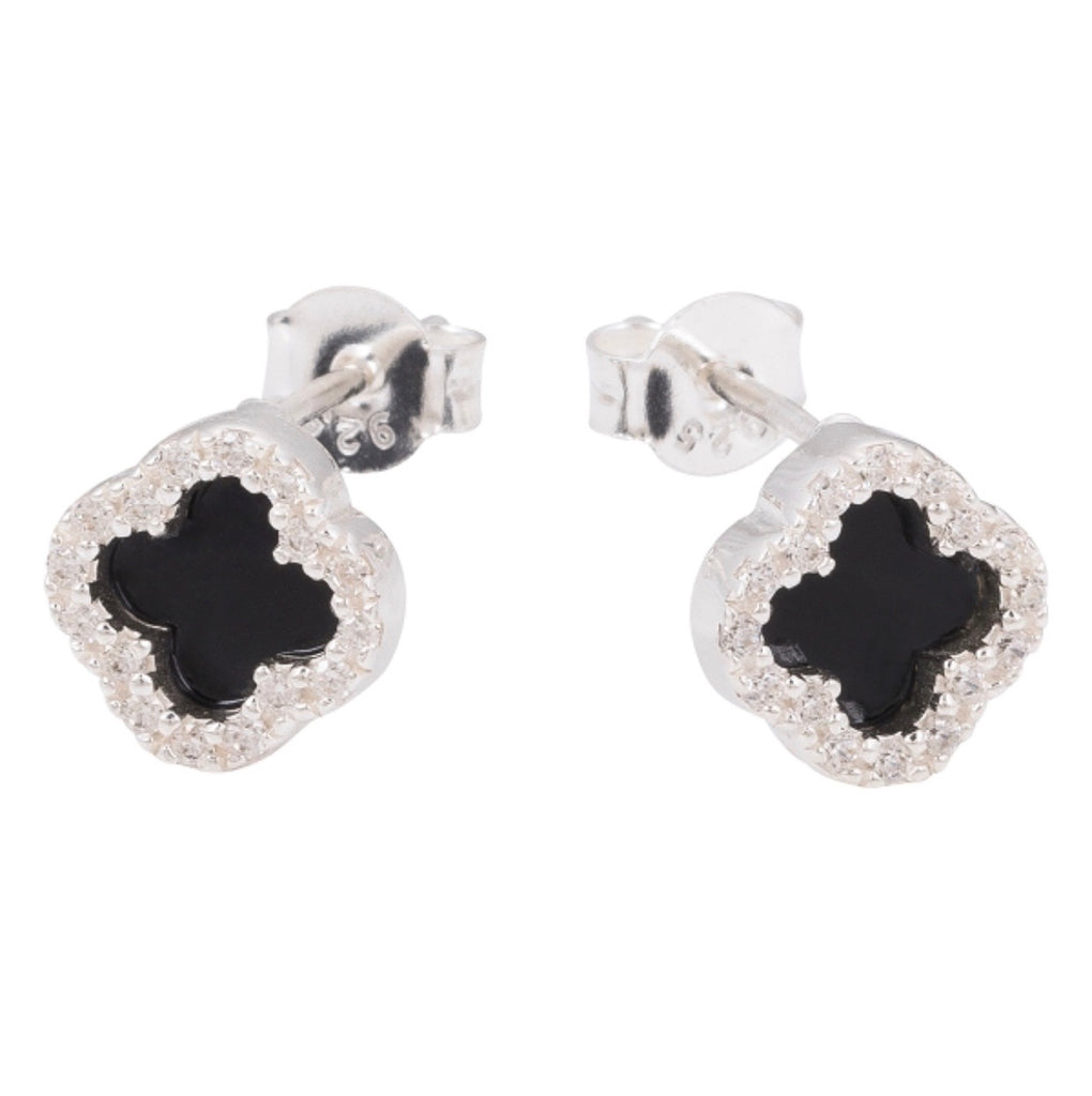 Clover Onyx Earrings in Sterling Silver