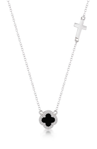 Onyx Clover & Cross Necklace in Sterling Silver