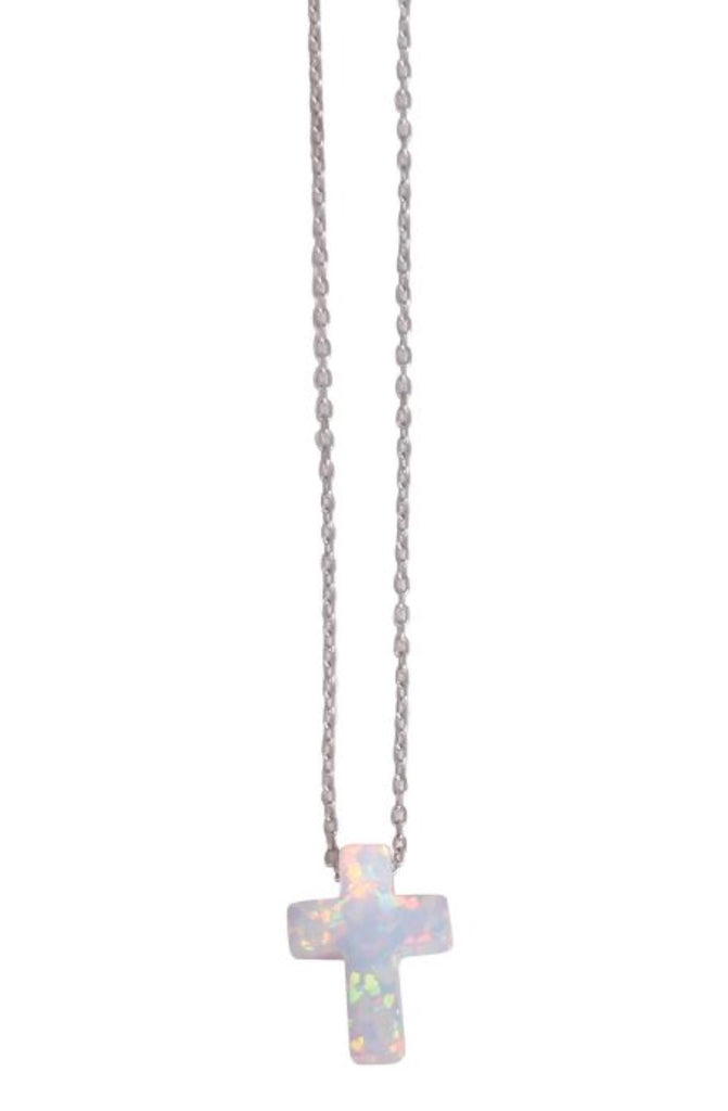 White Opalite Cross Necklace in Rose Gold