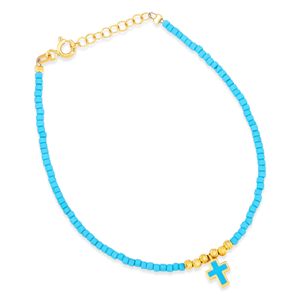 Turquoise Beaded Cross Bracelet in Gold