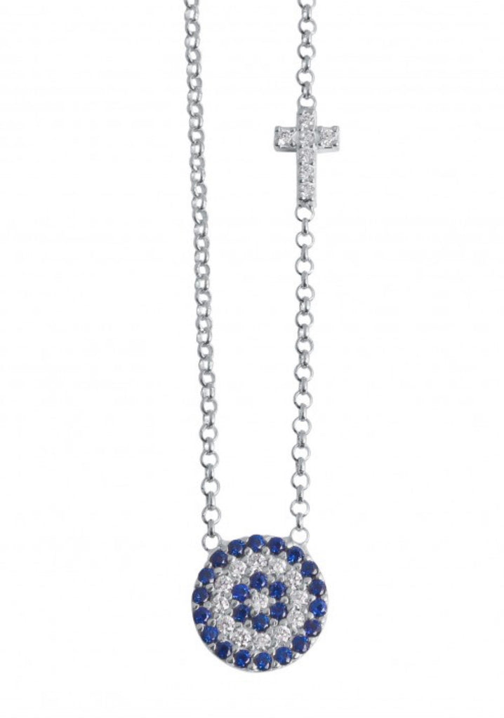 Blue Eye and Crystal Cross Necklace in Sterling Silver