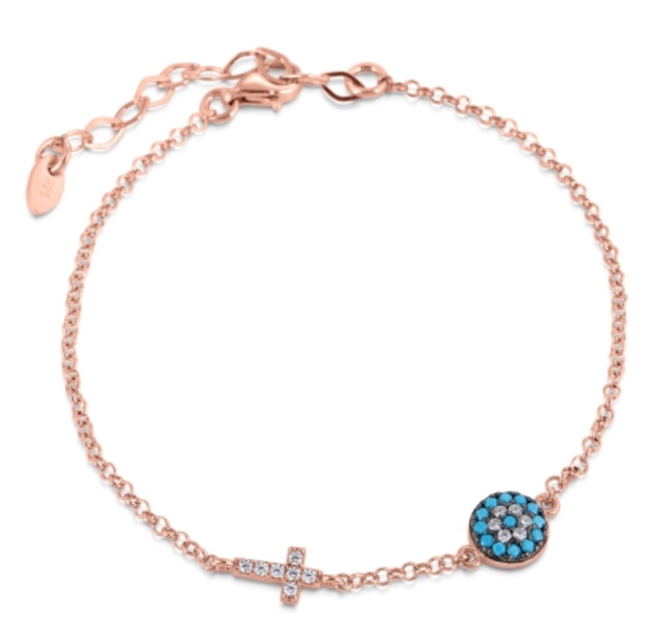 Small Eye and Cross Bracelet in Turquoise Nano and Rose Gold