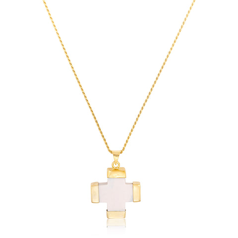 White Howlite Stone Cross Necklace in Gold