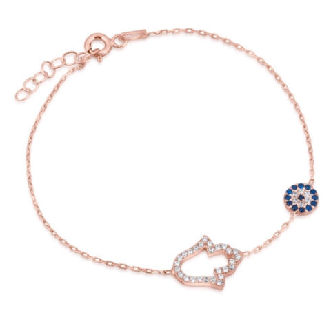 Open Hamsa and Eye Bracelet in Rose Gold