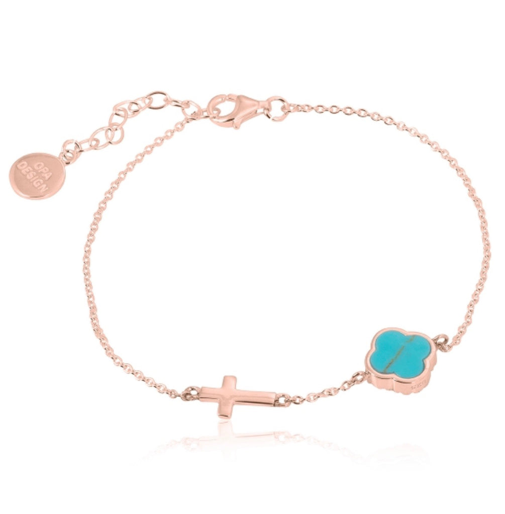 Turquoise Clover with Cross Bracelet in Rose Gold