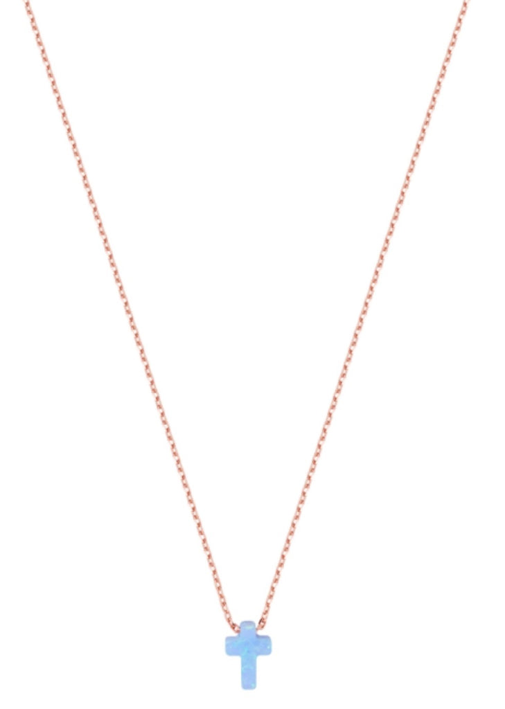 Mini Opalite Cross Necklace in Rose Gold