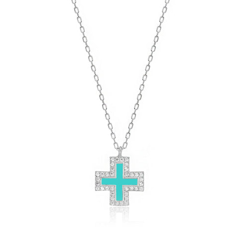 Tinos Island Turquoise Cross Necklace in Silver