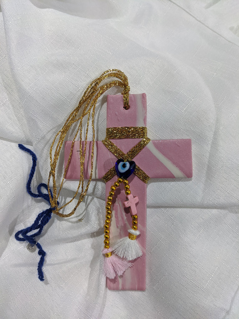 Thalassa Baby Pink Cross with Gold Stringing