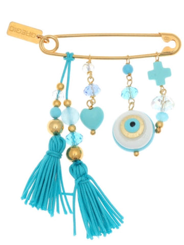 Blue Pin with Hanging Charms (Genesis) in Gold