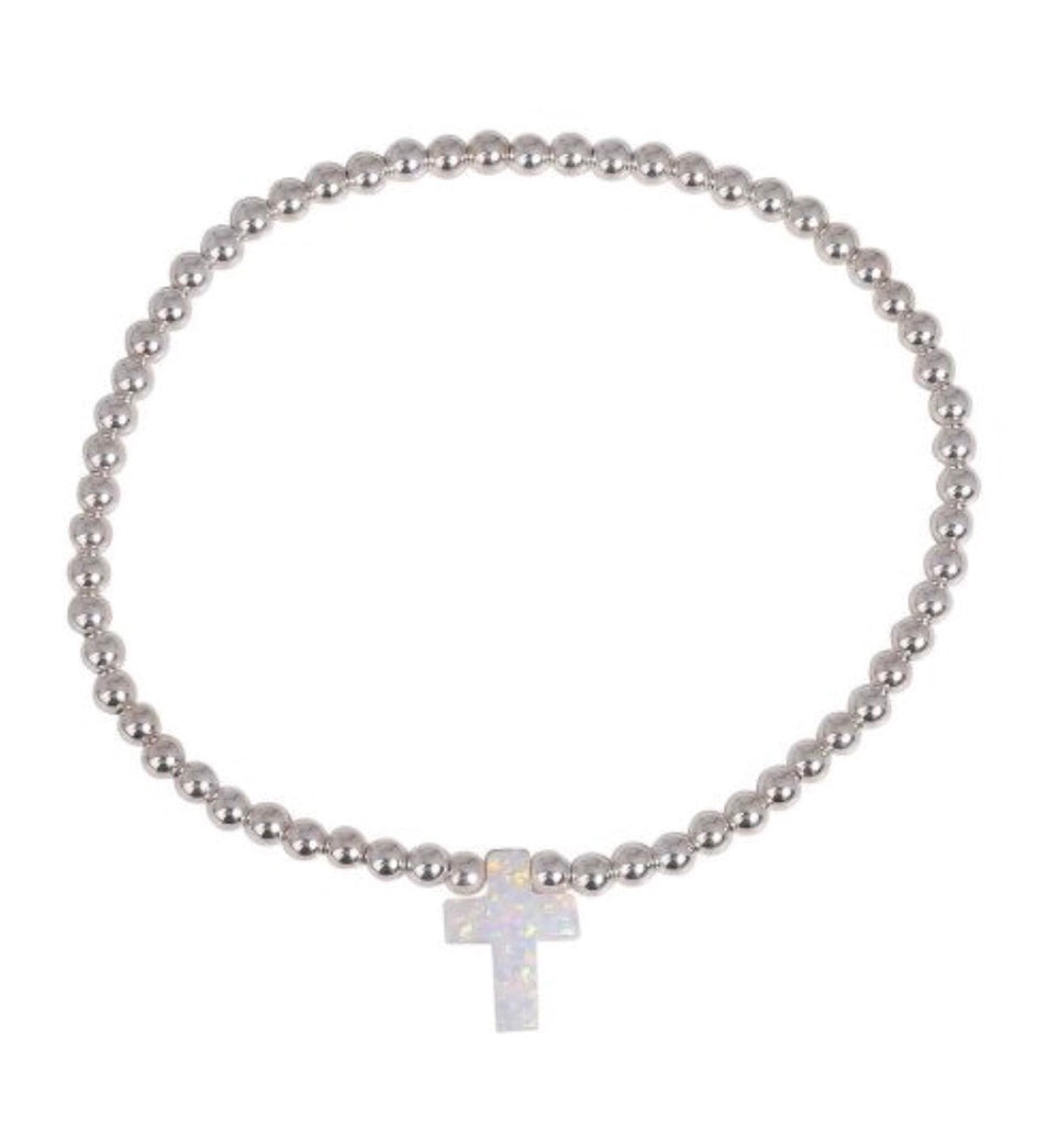 Opalite White Cross Beaded Bracelet in Sterling Silver