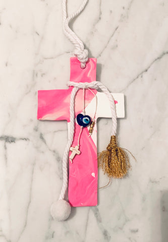 Pink Marbled Cross on White with embellishments