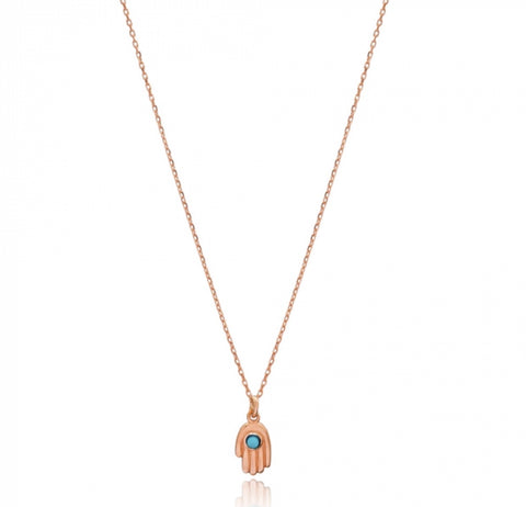 Hamsa Blue Necklace in Rose Gold