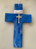 Calvary Royal Blue and White Marbled Cross with Crucifix