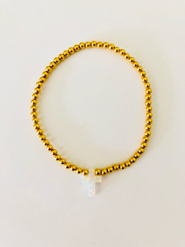 Opalite White Cross Beaded Bracelet in Gold