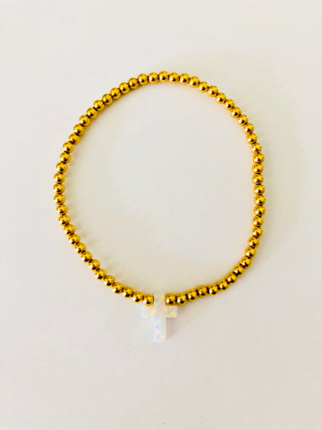 Opalite White Cross Beaded Bracelet in Gold