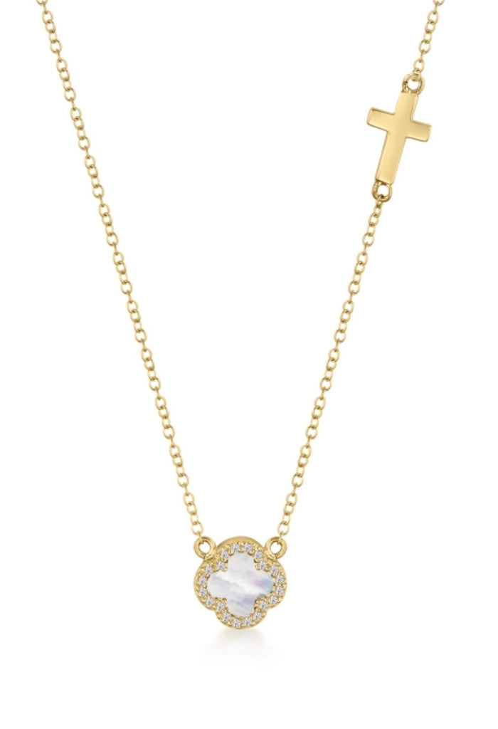 Mother of Pearl Clover & Cross Necklace in Gold