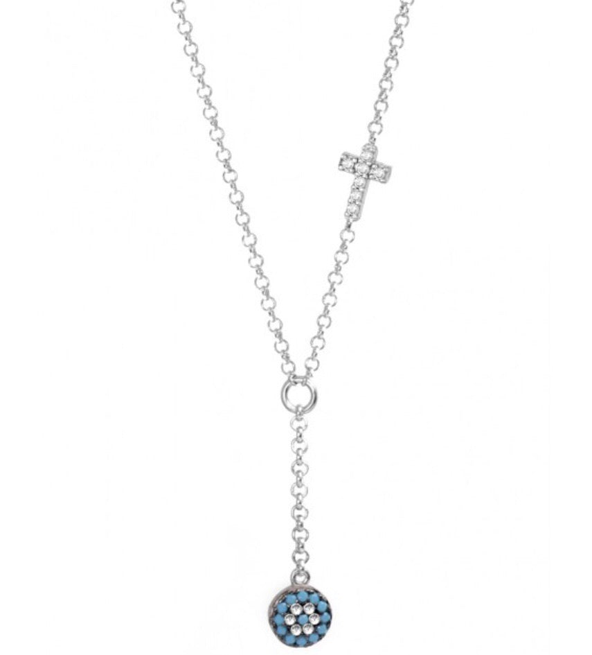 Nano Turquoise Evil Eye and Cross Drop Necklace in Sterling Silver