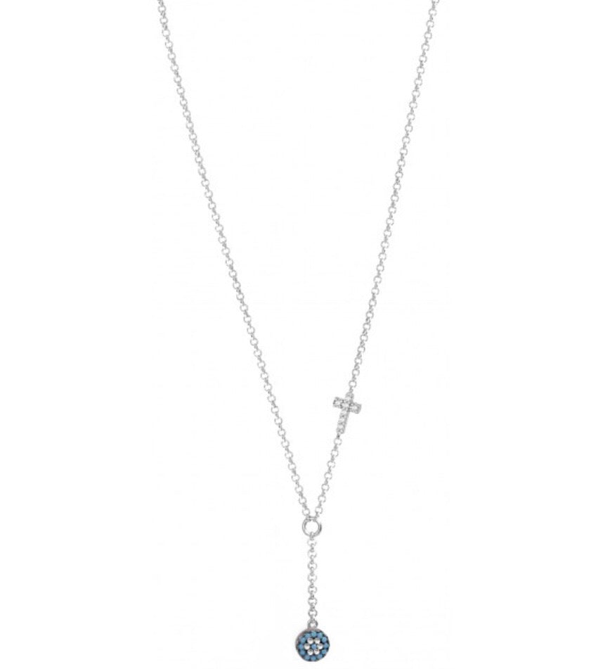Nano Evil Eye Drop Necklace with Cross in Sterling Silver