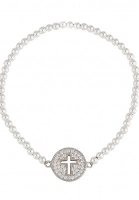 Circle Cut Out Cross Beaded Bracelet in Sterling Silver